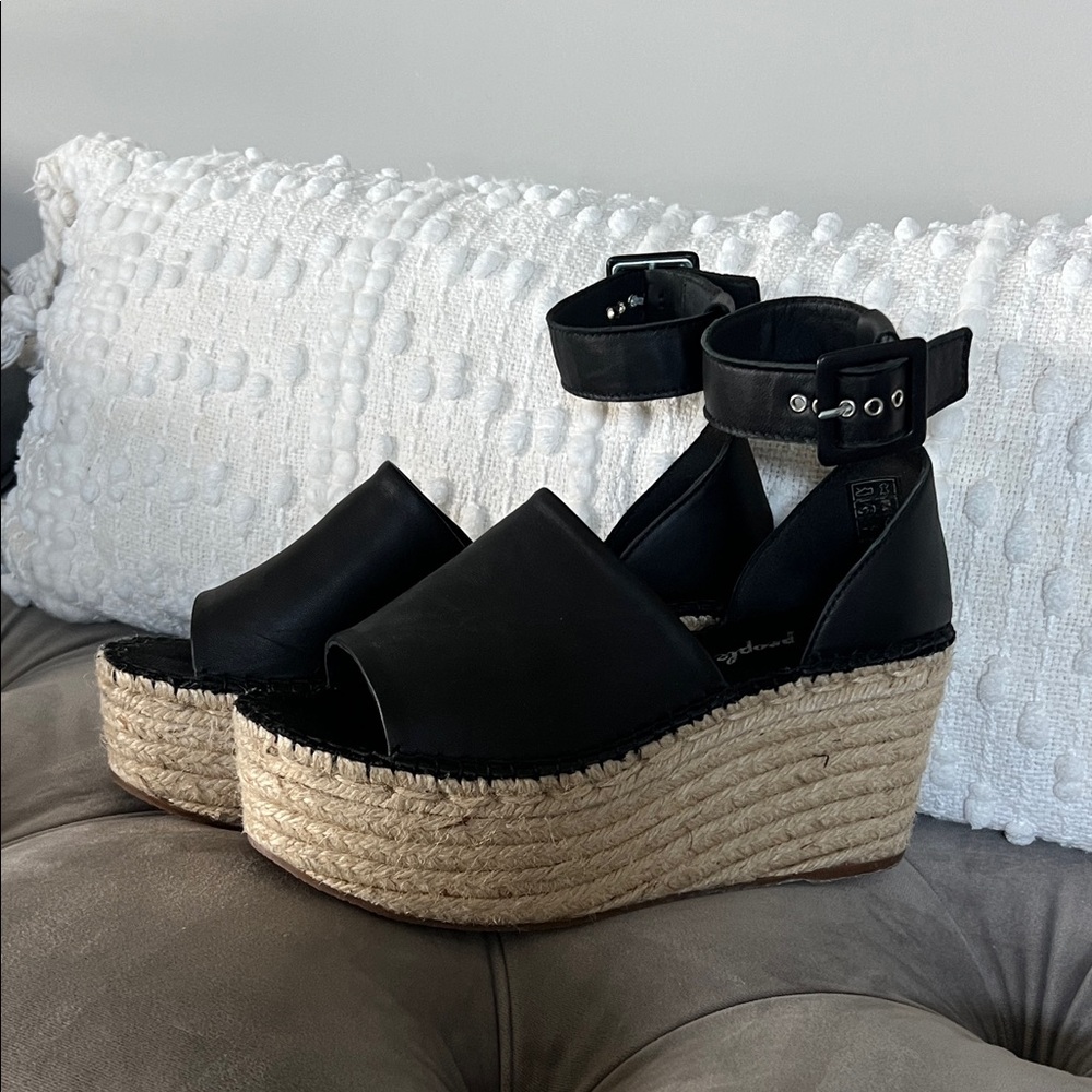Free People Black Leather Espadrille Wedge Sandals with Ankle Buckle
